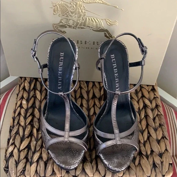 Burberry Leather T-Strap Stilettos in Dark Nickel